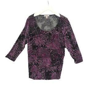 Roz & Ali Velvet‎ Burnout Goth Vamp Top Floral 3/4 Sleeve Elegant Purple Women L